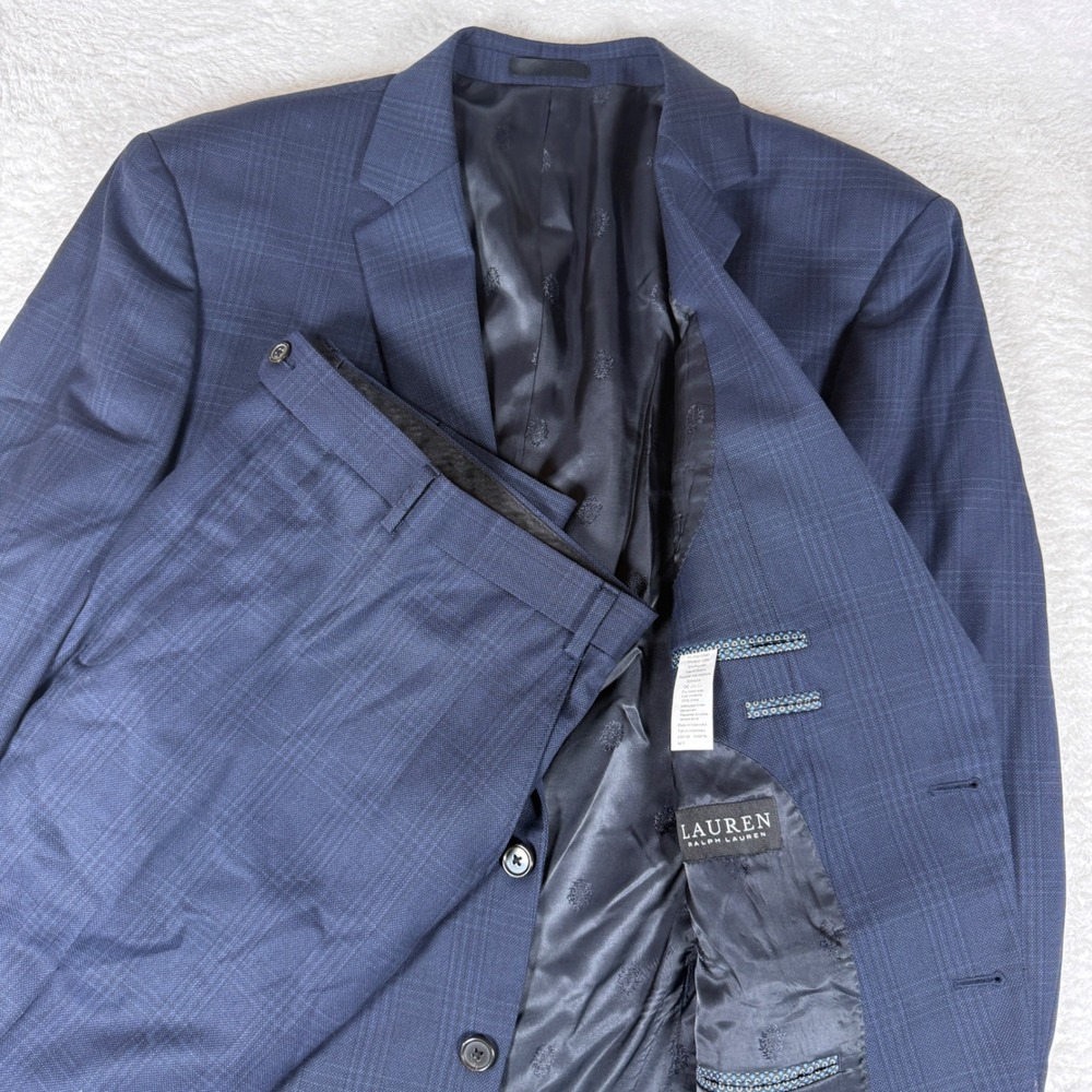 Lauren Ralph Lauren Suit Mens 48R 42/32 Blue Wool Stretch Glen Plaid L/S Suit